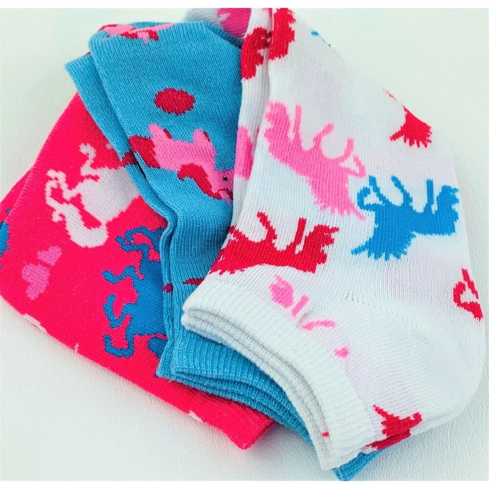 Women's Girls 3 Pk Unicorn Low Cut Socks Novelty Print Pink, White, Blue Sz 9-11